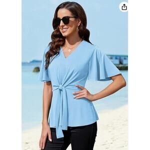 ArtJuly Women's Tie Front Short Sleeve Summer Peplum Top Size XL Light Blue NWT